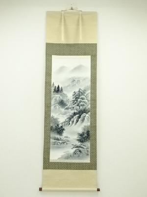 池泉筆　青墨山水之図　肉筆絹本掛軸（共箱）